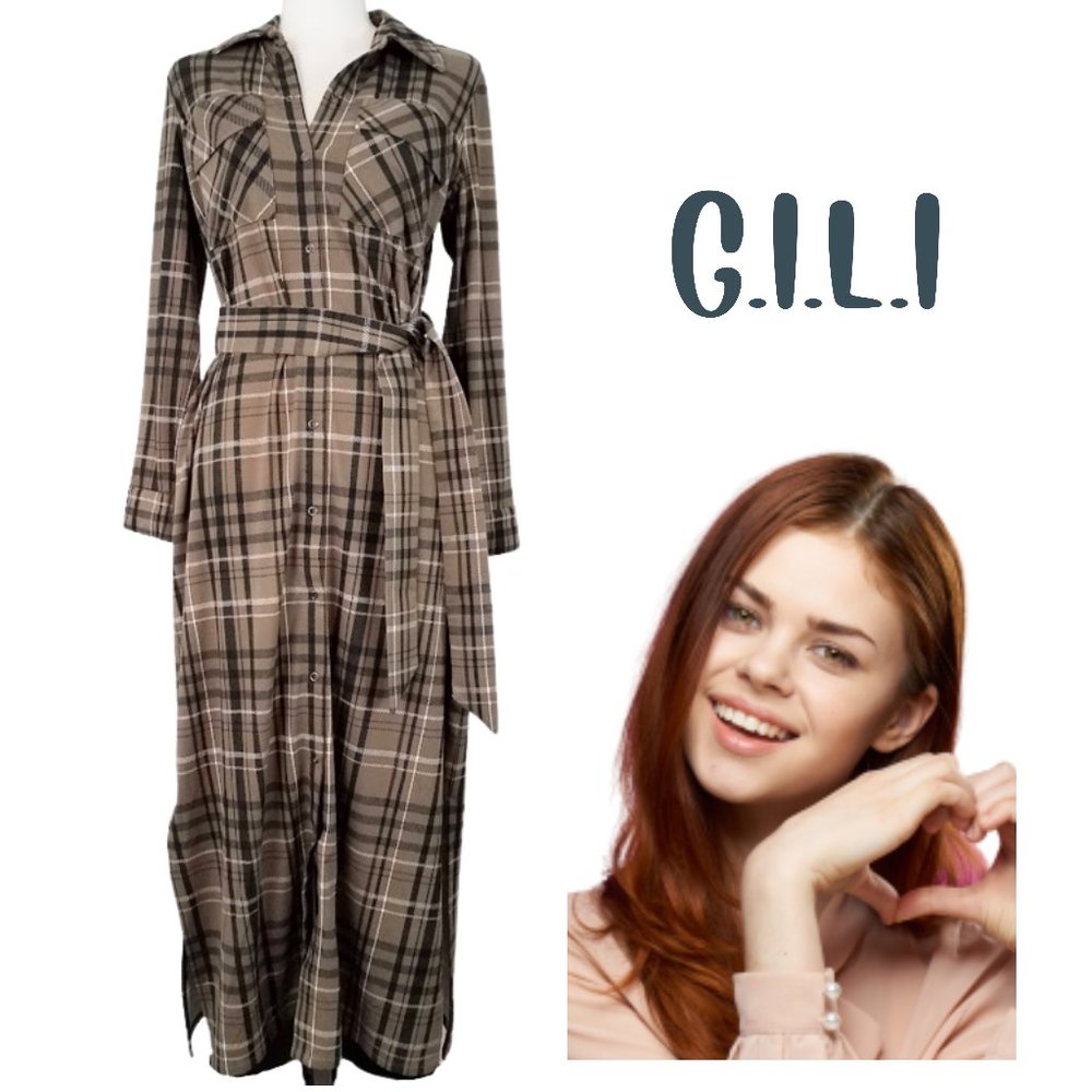G.I.L.I. GOT IT LOVE IT Tan & Black Plaid Snap-Front Maxi Dress - Women's SP - Picture 2 of 6
